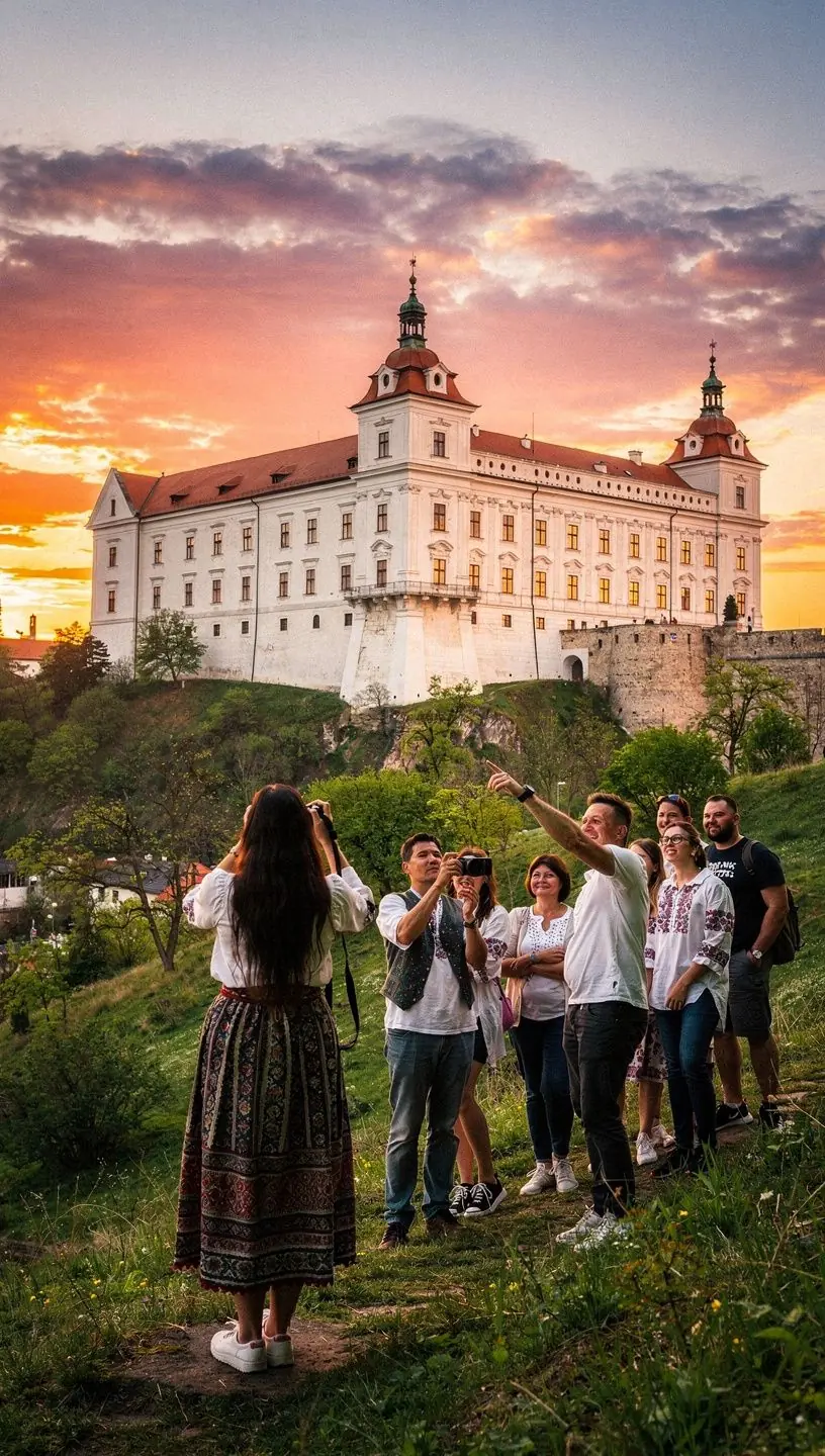 Miestny sprievodca ukazuje mapu a vysvetľuje významné kultúrne pamiatky v regióne Slovenska.